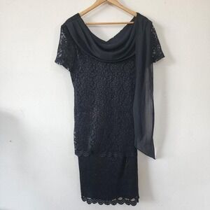 Y2K Vintage Helene Blake Black Short Sleeve Midi Dress with attached Shawl 14